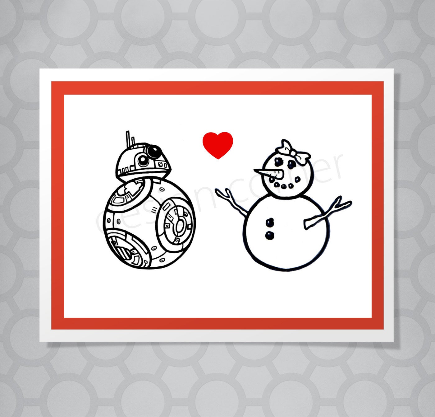 Greeting card with illustration off Star Wars BB8 and a snowman with a heart between them