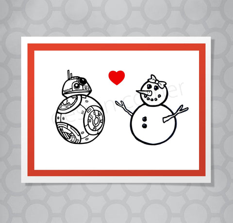 Greeting card with illustration off Star Wars BB8 and a snowman with a heart between them