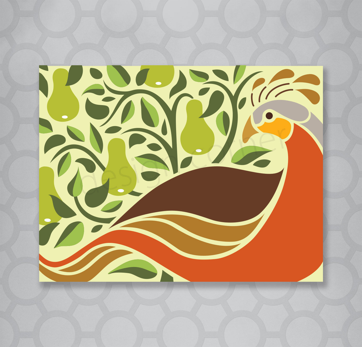 Colourful illustration of a graphic partridge in a pear tree on a Christmas card.