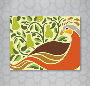 Colourful illustration of a graphic partridge in a pear tree on a Christmas card.