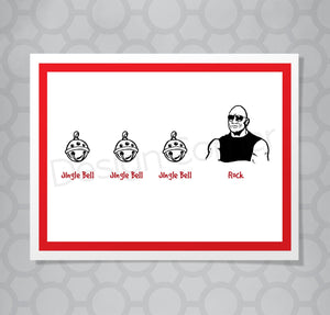 Illustration of 3 bells with Dwayne Johnson on greeting card with caption "Jingle Bell, Jingle Bell, Jingle Bell, rock"