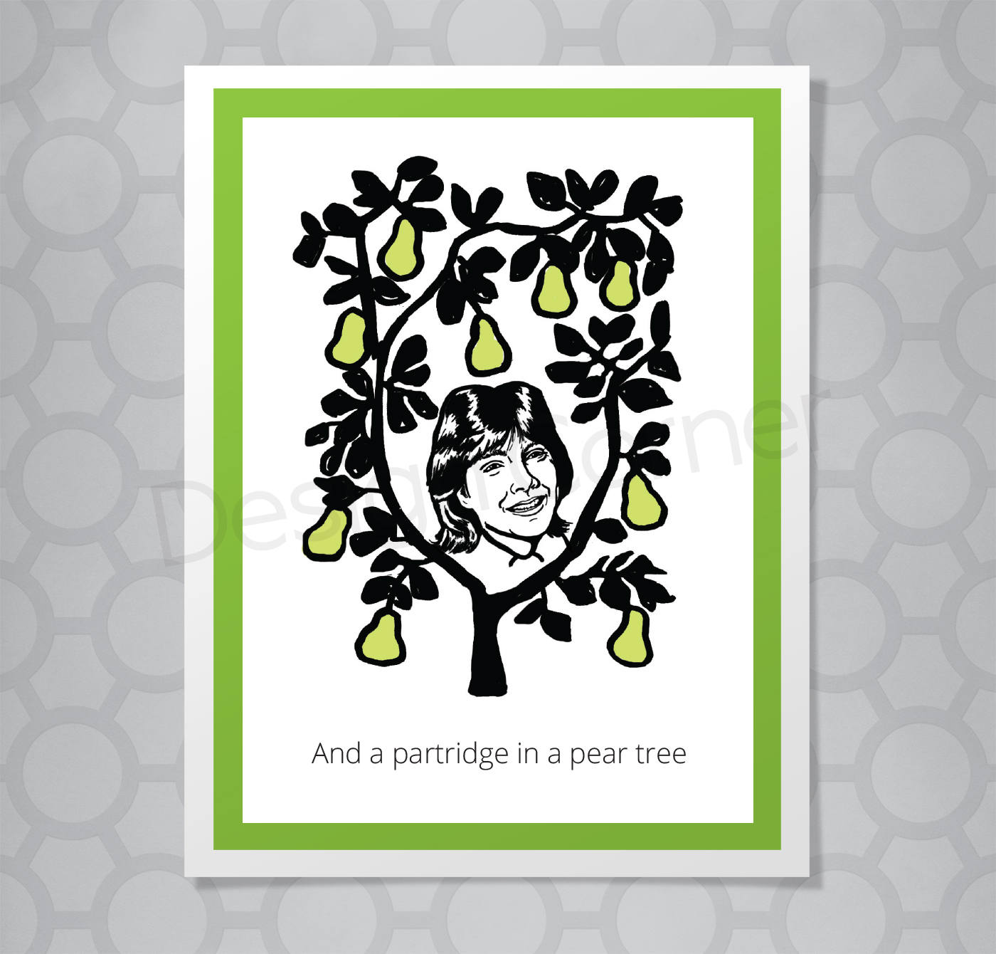 Illustration of pear tree with Danny Partridge head in the middle on a Christmas card
