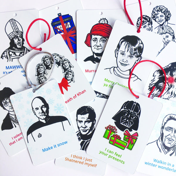 Images of several magnet ornament designs from themes light Star Wars, Star Trek, Harry Potter, Doctor Who, golden girls and more.