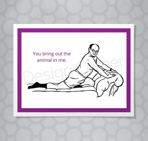 Greeting card with illustration of Seinfeld's George Costanza posed in her underwear on a couch. Caption says "You bring out the animal in me."