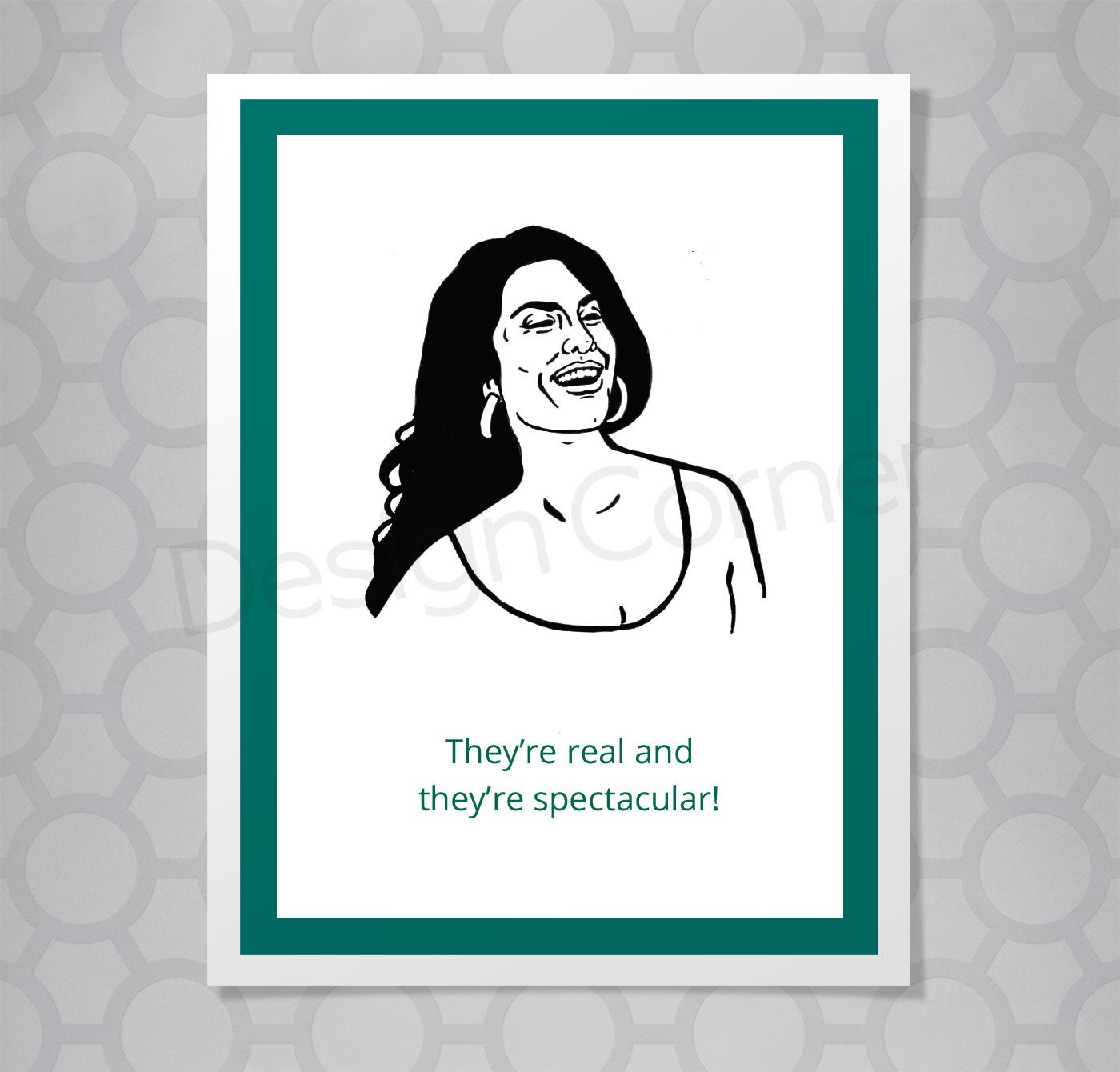 Greeting card with illustration of Seinfeld's character with low cut shirt. Caption says "They're real and they're spectacular!"