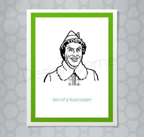 Illustration of Elf the movie character on a greeting card with caption Son of a Nutcracker!