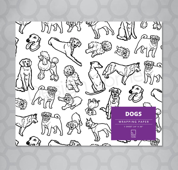 black and white wrapping paper with line illustrations of various dog breeds.