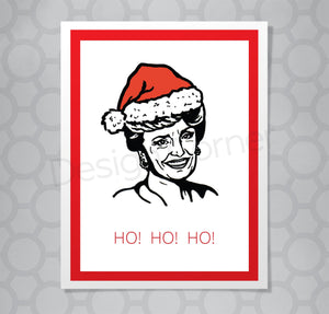 Illustration of Golden Girls Blanche with santa hat on Christmas card with caption Ho Ho Ho