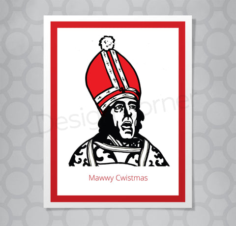 Illustration of Princess Bride Priest on a Christmas card with caption Mawwy Cwistmas