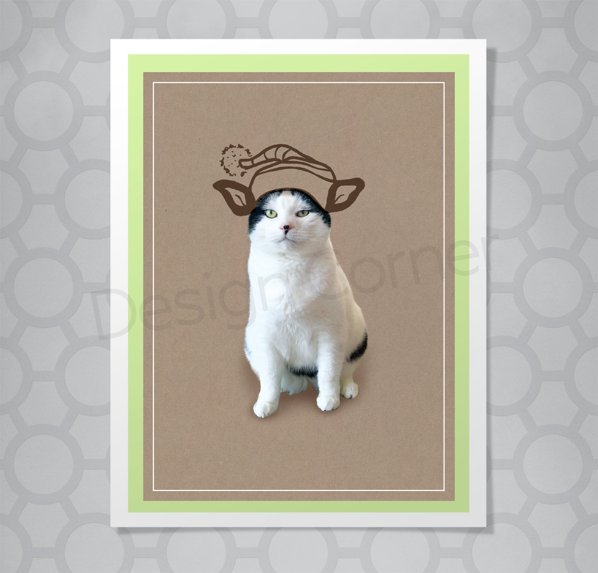 Photo of Max the Cat with illustrated elf hat on his head on kraft brown paper background.