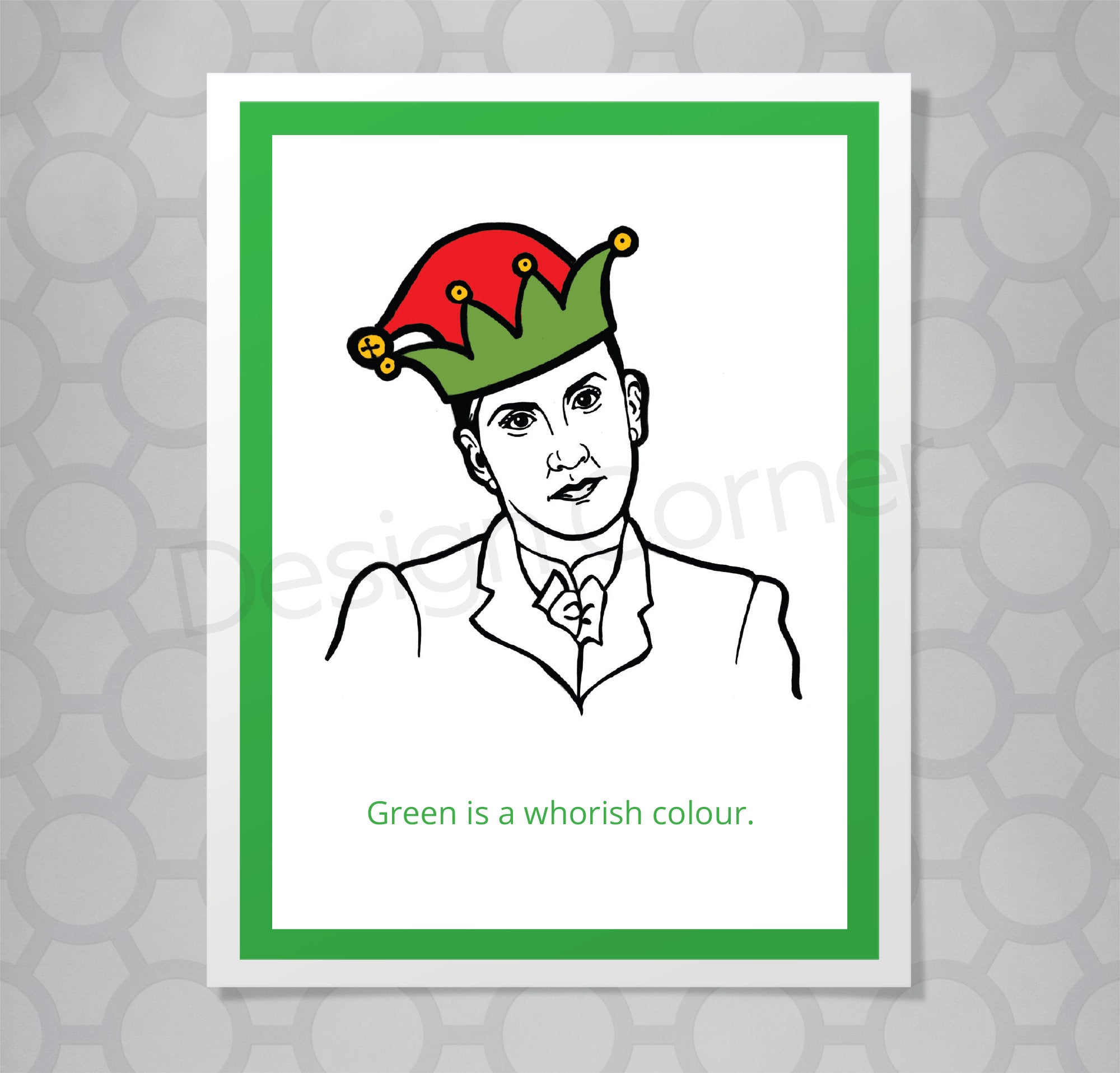 Christmas card with illustration of The Office Angela with elf hat on. Caption says "Green is a whorish colour. "