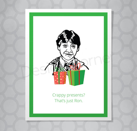 Illustration of Harry Potter's Ron Weasley on front of Christmas card with caption "Crappy presents? That's just Ron"