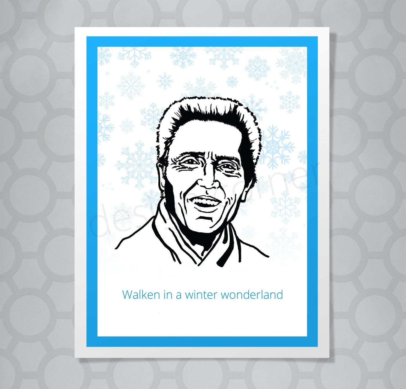 Illustration of Christopher Walken on a greeting card with caption "Walken in a winter wonderland"